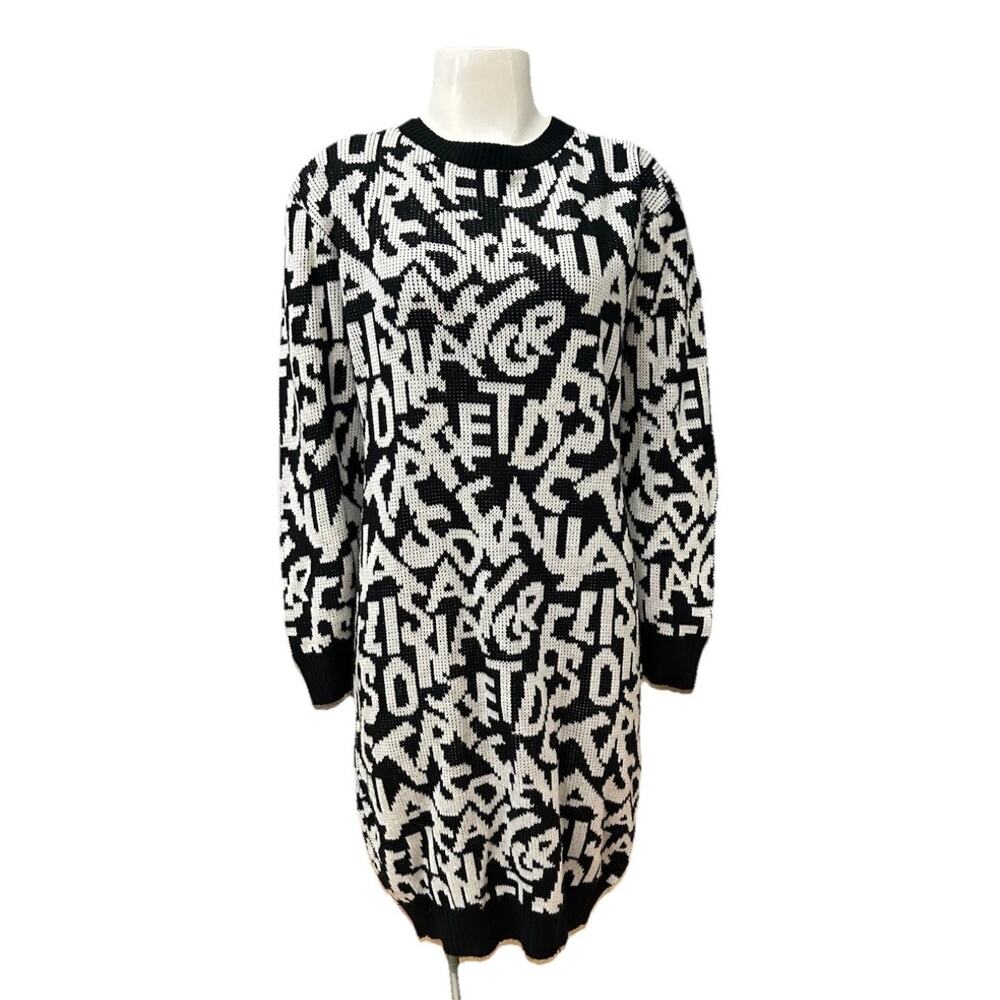 Vintage Graphic Letter Knit Sweater Dress Black White USA Oversized Small -